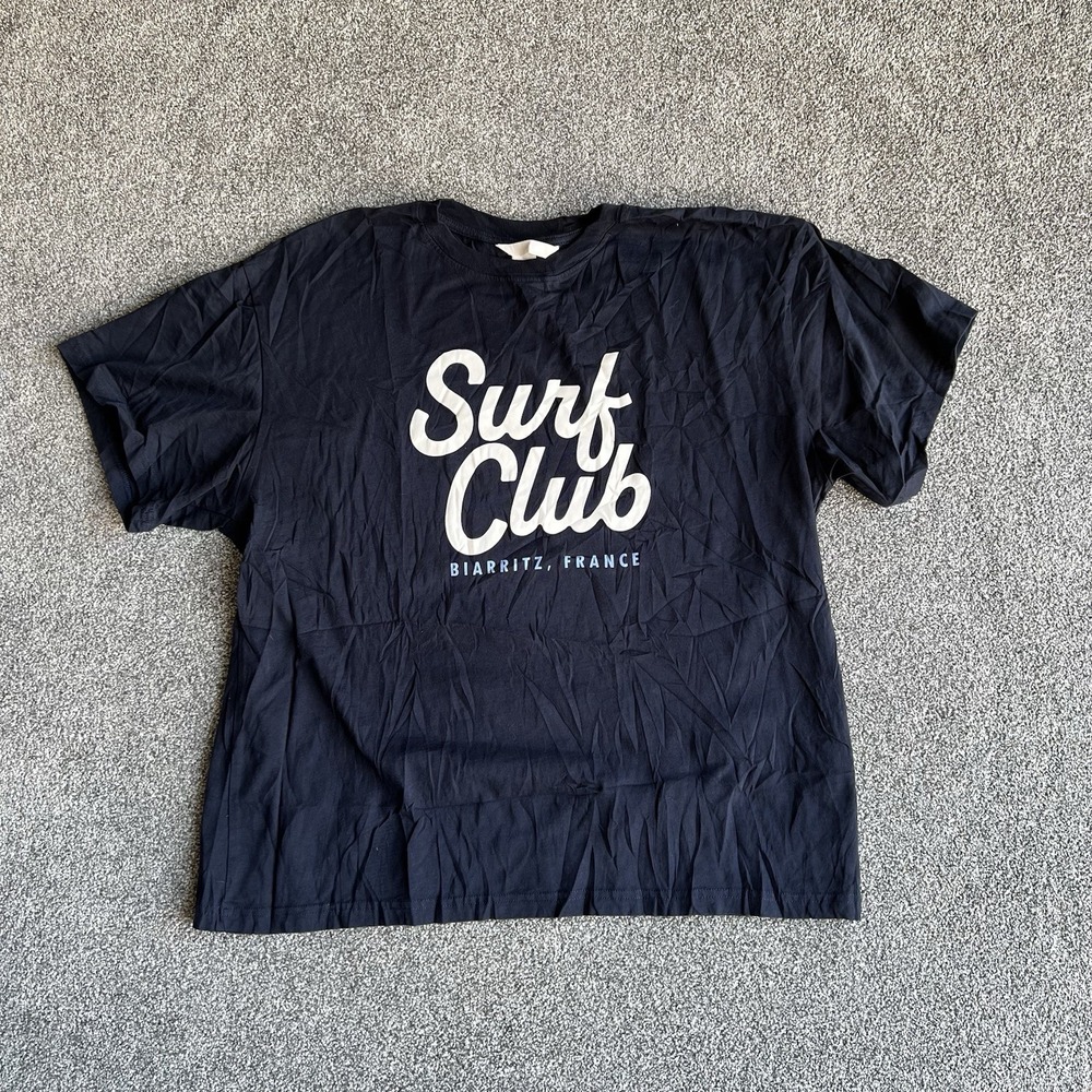 H&M Mens M Surf Club Biarritz France Graphic T Shirt Navy Blue Short Sleeve